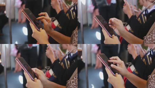 在城市火车上用手机的女人的手高清在线视频素材下载