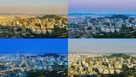 在韩国首尔，美丽的城市景观与首尔塔现代建筑和建筑，从白天到晚上的4k时间高清在线视频素材下载