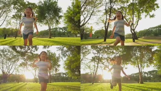 Slo Mo女孩在日落时在公园里跑步高清在线视频素材下载