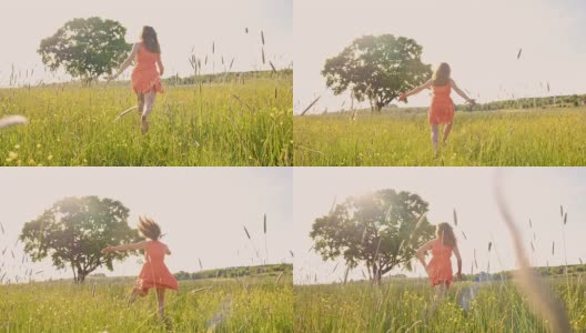 TS女孩赤脚跑在草地上高清在线视频素材下载