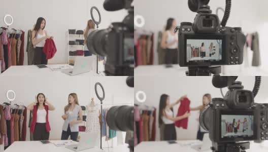 两名女商贩在家里直播销售包布产品高清在线视频素材下载