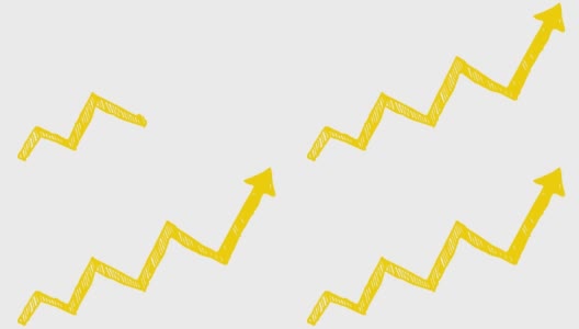 动画财务增长图表与趋势线图。黄色箭头图标。经济增长条形图。手绘矢量插图孤立在白色背景上。高清在线视频素材下载