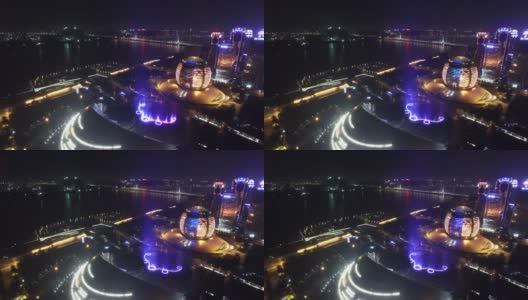 钱塘江畔的现代商业大厦，夜间4k高清在线视频素材下载