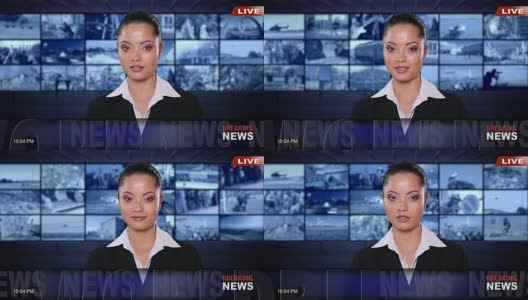 4K女新闻播音员，黑色套装，绿色背景高清在线视频素材下载