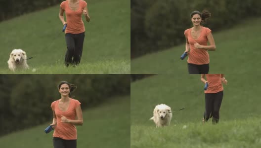 HD:快乐女人和狗一起跑步高清在线视频素材下载