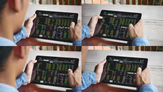 Over shoulder view的商人使用平板电脑分析股票市场高清在线视频素材下载
