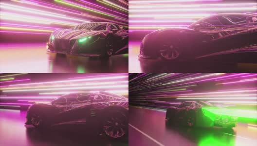 未来的概念。跑车在发光的霓虹灯线的背景上。绿色氖激光器。无缝循环的3d动画高清在线视频素材下载