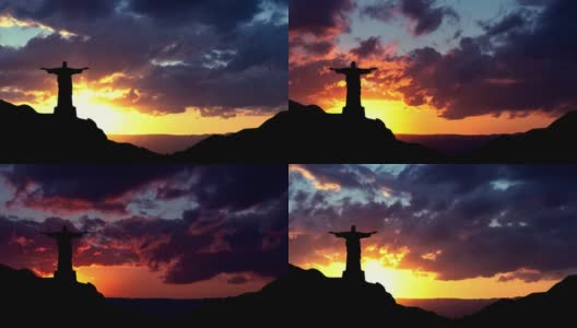 日落在基督救世主在里约热内卢里约热内卢与Corcovado山。高清在线视频素材下载