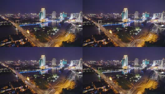繁忙的交通，现代化的建筑和城市景观在宁波的夜晚，时间流逝。高清在线视频素材下载