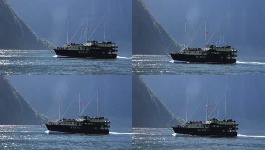 小山附近平静水面上的渔船高清在线视频素材下载