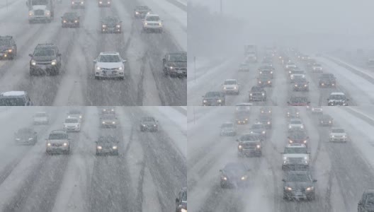 在积雪覆盖的道路上行驶的汽车高清在线视频素材下载