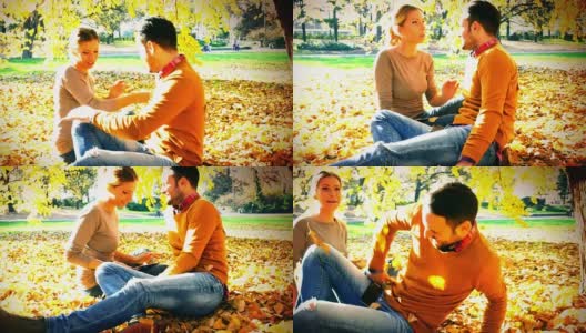 秋日情侣在公园里。高清在线视频素材下载
