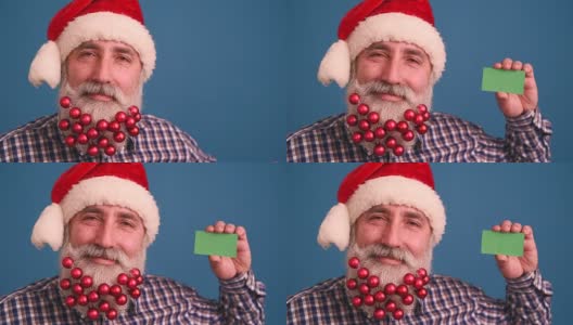 有胡子的老人戴着优雅的圣诞老人帽，背景是蓝色的高清在线视频素材下载