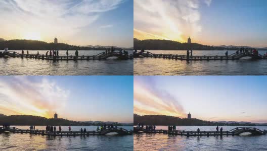 西湖之桥，蓝天之塔之山。间隔拍摄4 k高清在线视频素材下载