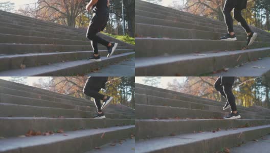 近距离的年轻亚洲男子运动员腿跑上楼梯训练激烈的有氧运动锻炼男性跑步者的脚在台阶上慢跑在城市背景高清在线视频素材下载