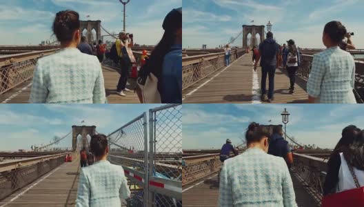一个女人走在布鲁克林桥上高清在线视频素材下载