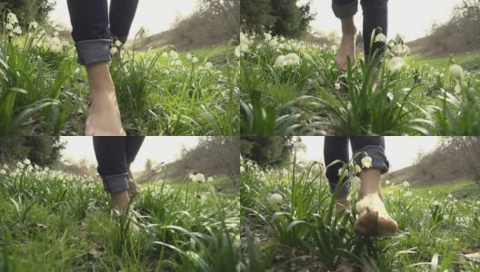 HD超级慢动作:赤脚走过春天的雪花高清在线视频素材下载