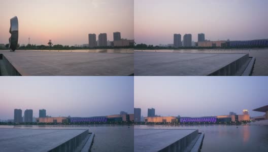现代建筑与都市都市景观的天津黄昏到夜晚，时光流逝。高清在线视频素材下载