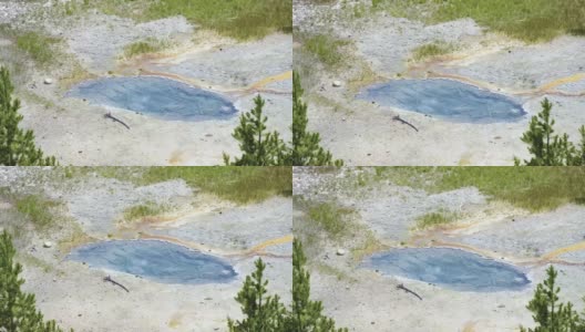 黄石国家公园，美国- 2021年7月。小清澈的蓝色温泉池与泡沫周围的裸露的土地和草。高清在线视频素材下载