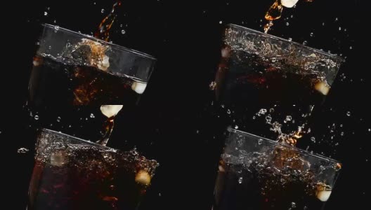 以慢动作将可乐苏打倒入装有冰块的黑色背景中高清在线视频素材下载