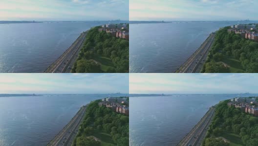 从空中俯瞰曼哈顿的布鲁克林，哈德逊河和贝尔特公园路，美国纽约高清在线视频素材下载