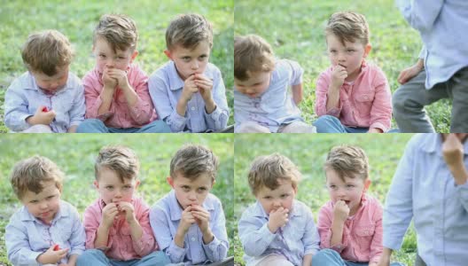 三个小男孩在吃草莓高清在线视频素材下载