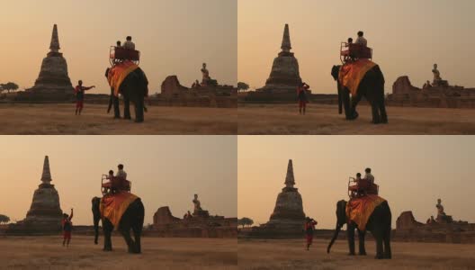 游客在泰国的大城府骑大象和佛塔高清在线视频素材下载