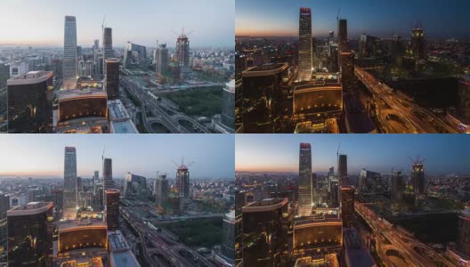 时光流逝——北京天际线的高景，白天到夜晚的过渡(WS平移)高清在线视频素材下载