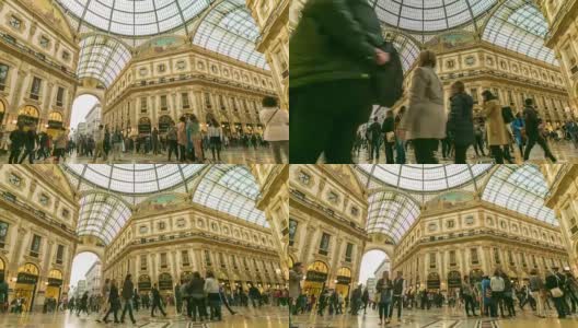 时光流逝:人们走在Vittorio Emanuele II商场上，从上面俯瞰米兰最受欢迎的购物区。高清在线视频素材下载