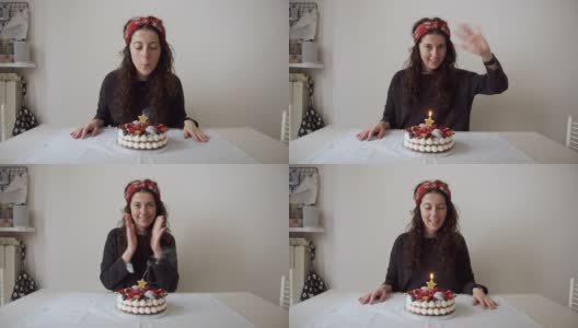 一个女人在家里用奶油馅饼庆祝生日的慢镜头高清在线视频素材下载