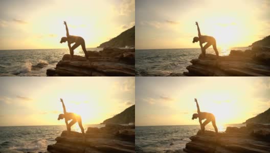 剪影瑜伽亚洲妇女做运动高清在线视频素材下载