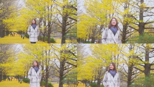 微笑的年轻亚洲女性游客在日本昭和基嫩公园散步，看着美丽的黄色银杏叶在秋天落下的慢动作。日本旅游度假和季节变化的概念。高清在线视频素材下载