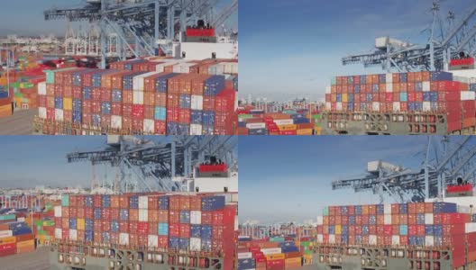 无人机拍摄的新抵达长滩港的船高清在线视频素材下载