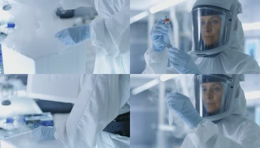 医学病毒学研究科学家工作在防护服和口罩，她检查试管与分离病毒串从冰箱盒子。她在一个无菌的高科技实验室/研究机构工作。高清在线视频素材下载