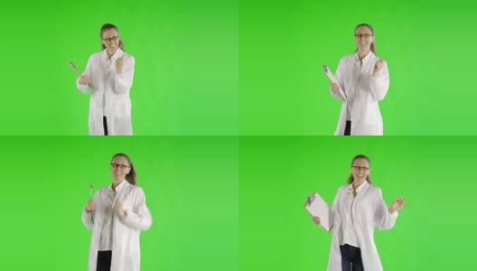 白种女性绿屏剪出实验服科学家高清在线视频素材下载