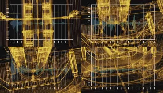 三维渲染-线框架模型的工业建筑和HUD元素在全息风格高清在线视频素材下载