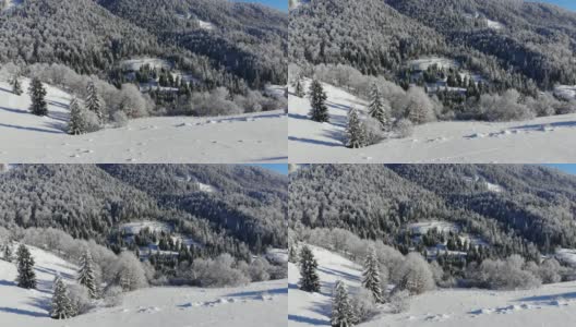 山里的冬天。冬季森林从鸟瞰。山上的树被白雪覆盖。蓝色的天空。用四轴飞行器拍摄。高清在线视频素材下载