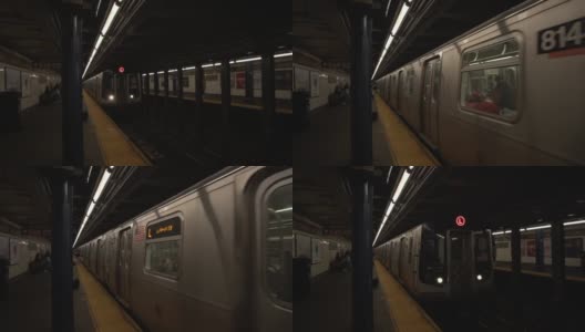纽约地铁列车到达站台。纽约市的一列地下火车到达旅客站台高清在线视频素材下载