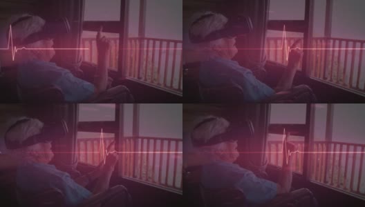 炽热的红色心率监视器对抗白人老年妇女在轮椅上戴着虚拟现实头盔高清在线视频素材下载