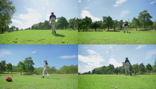 4K亚洲男子高尔夫球在乡村俱乐部在夏天的阳光灿烂的一天。高清在线视频素材下载
