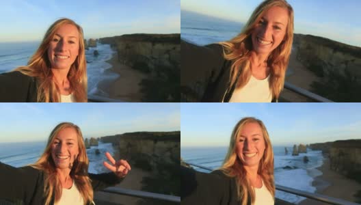 自拍照在日出的女人在十二使徒高清在线视频素材下载