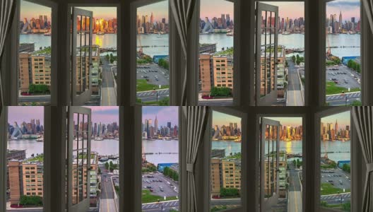 窗口视图纽约曼哈顿时间流逝城市景观摩天大楼黄昏高清在线视频素材下载