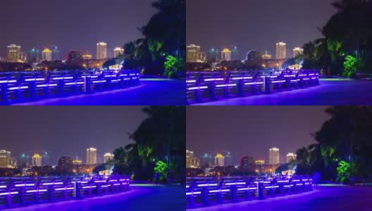 夜光璀璨的三亚著名酒店综合体海湾全景4k时间流逝的海南岛中国高清在线视频素材下载