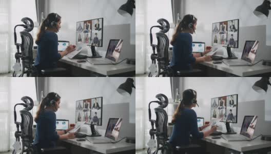 女性办公室工作人员在家视频会议商务人士集团高清在线视频素材下载