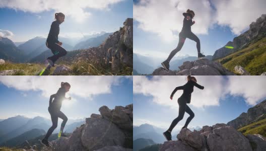 年轻的女运动员往山上跑高清在线视频素材下载