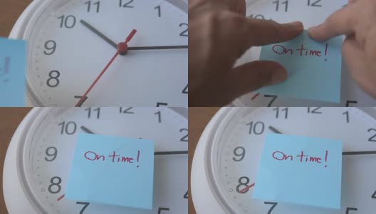 把纸条贴在时钟上，上面写着“准时”高清在线视频素材下载