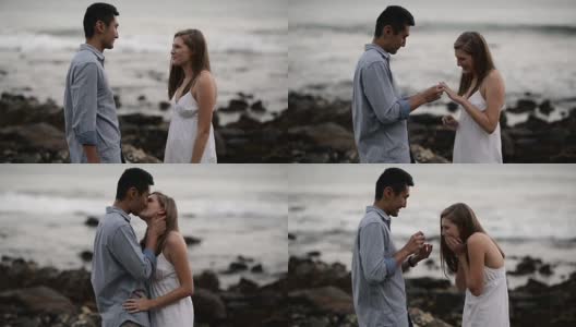 多民族浪漫情侣在海滩求婚高清在线视频素材下载