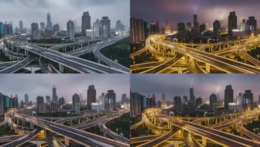 T/L WS HA PAN尖峰时段的多条高速公路和立交桥的交通，白天到晚上的过渡/上海，中国高清在线视频素材下载