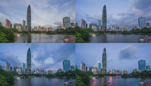深圳的现代建筑外观和池塘，时光流逝。高清在线视频素材下载