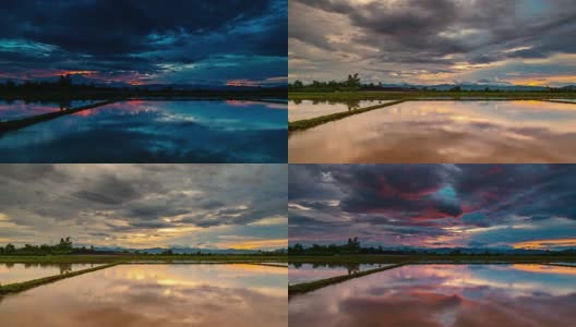 云日出和水的倒影在稻田里夜晚到日出时间。高清在线视频素材下载